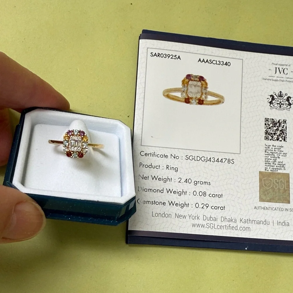 New in box 18K Gold with Natural Diamond and multicolored natural Gemstones Ring
